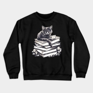 Bookish cat sleeping on books - Kitten lady & librarian gift Crewneck Sweatshirt